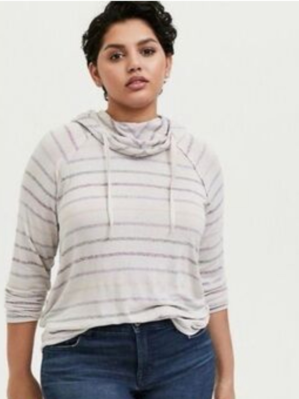 torrid Light Gray/Lavender Striped Cowl Neck Hoodie Sweater
